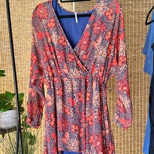 Free People Floral Wrap Teegan Mini Dress in Red and Blue